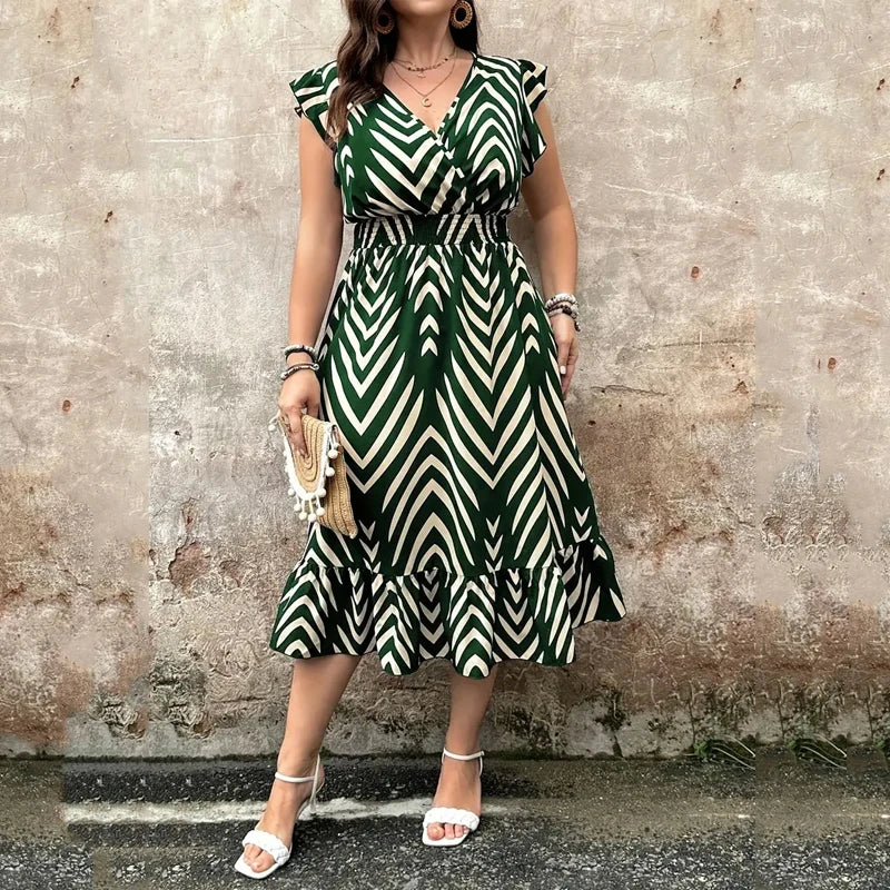 Striped Midi Dress - Slim Waist, Ruffled Hem, V-Neck