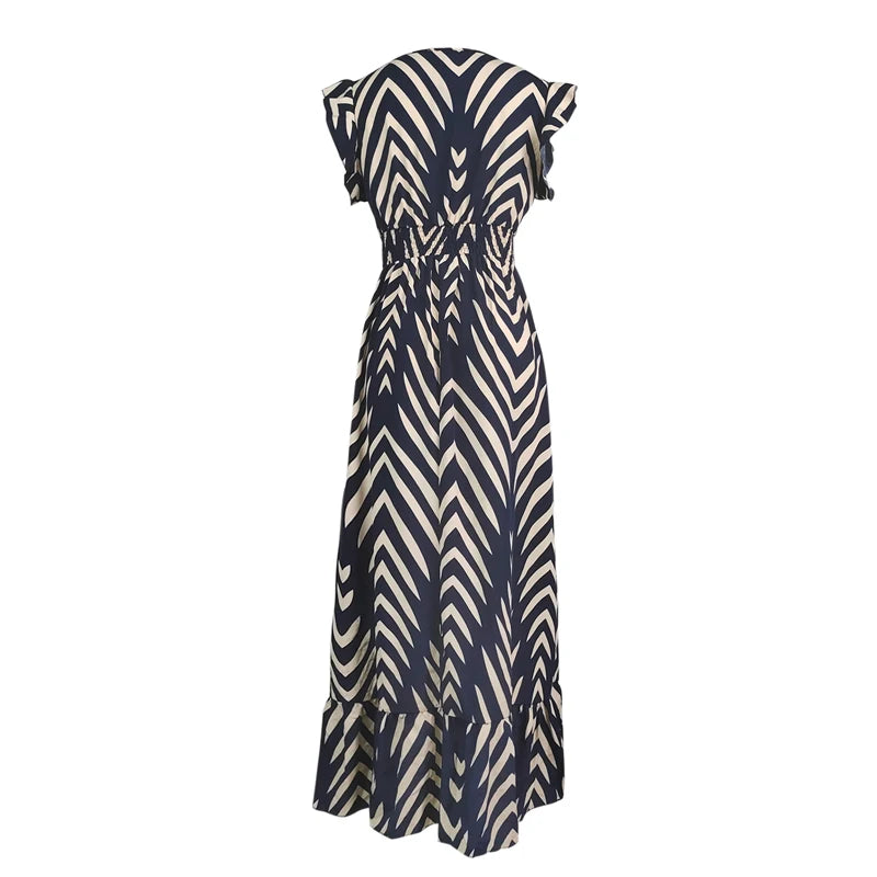 Striped Midi Dress - Slim Waist, Ruffled Hem, V-Neck