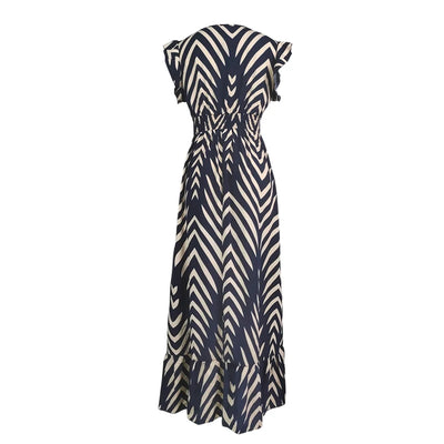 Striped Midi Dress - Slim Waist, Ruffled Hem, V-Neck