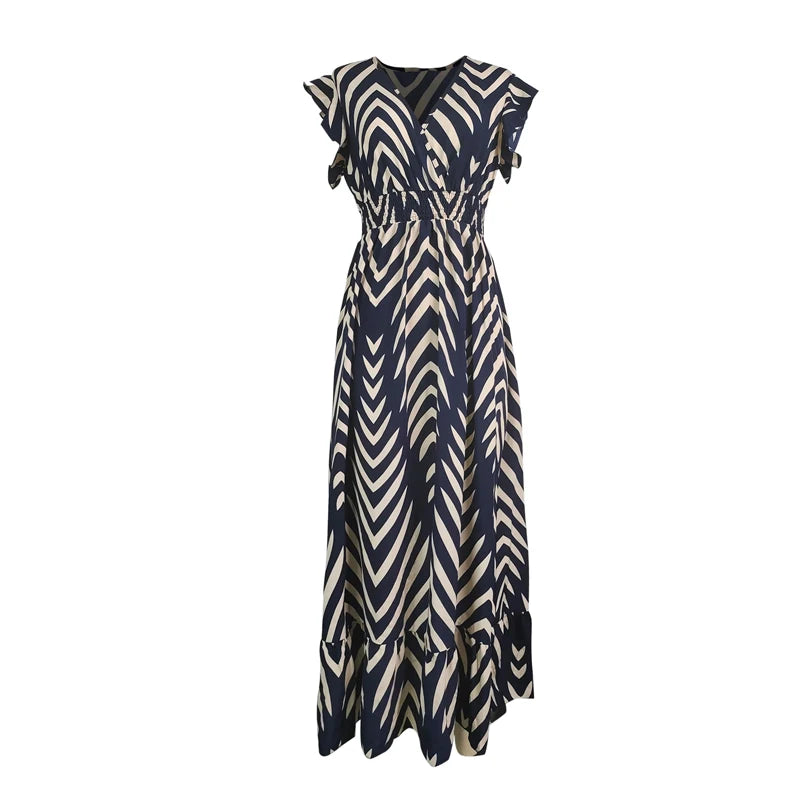 Striped Midi Dress - Slim Waist, Ruffled Hem, V-Neck