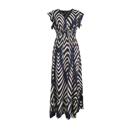 Striped Midi Dress - Slim Waist, Ruffled Hem, V-Neck