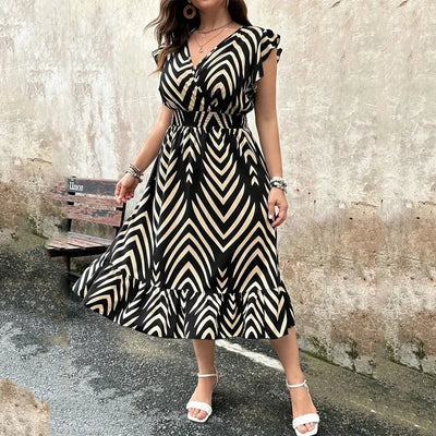 Striped Midi Dress - Slim Waist, Ruffled Hem, V-Neck