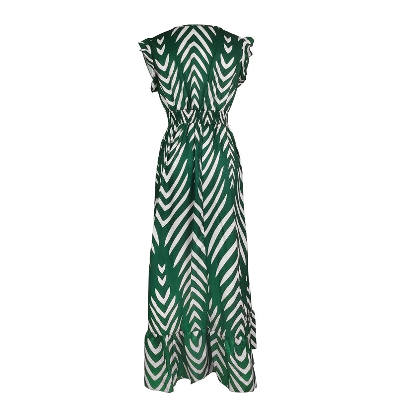 Striped Midi Dress - Slim Waist, Ruffled Hem, V-Neck