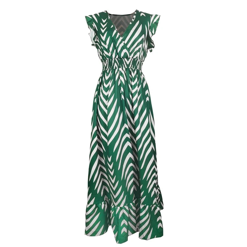 Striped Midi Dress - Slim Waist, Ruffled Hem, V-Neck