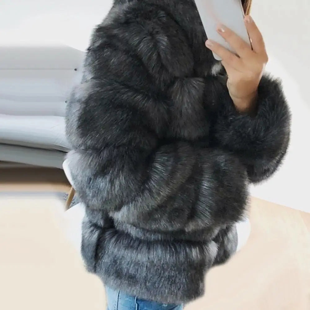 Plus Size Hooded Faux Fur Coat