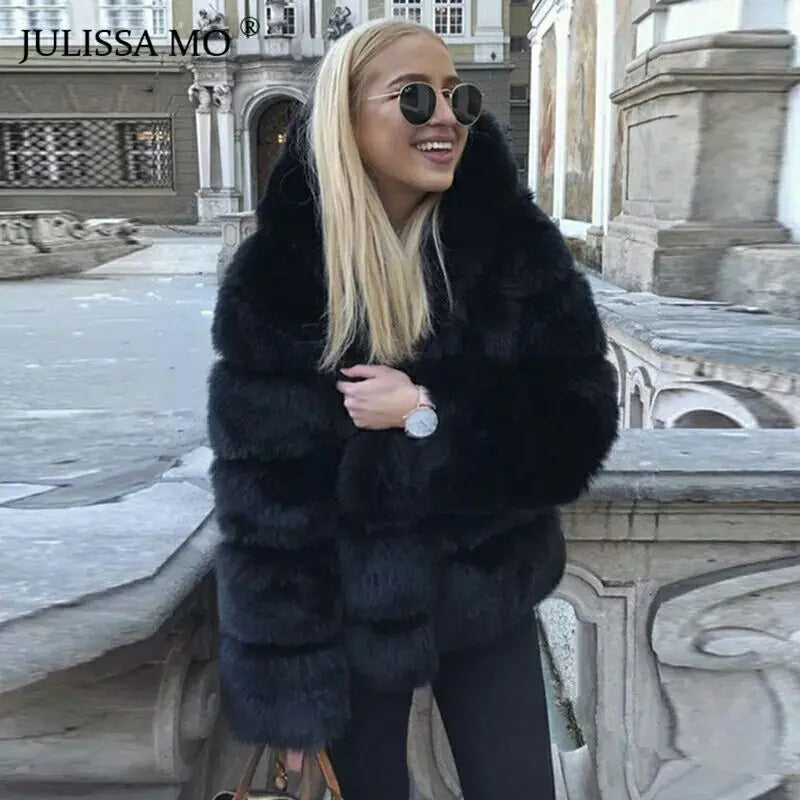 Plus Size Hooded Faux Fur Coat