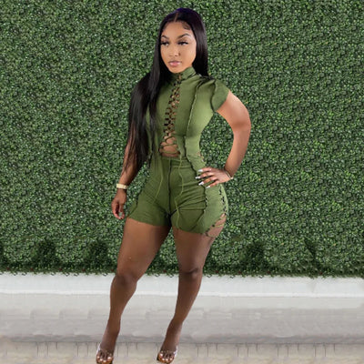 Echoine Bandage Lace-Up Playsuit - Short Sleeve, Bodycon, Hollow Out