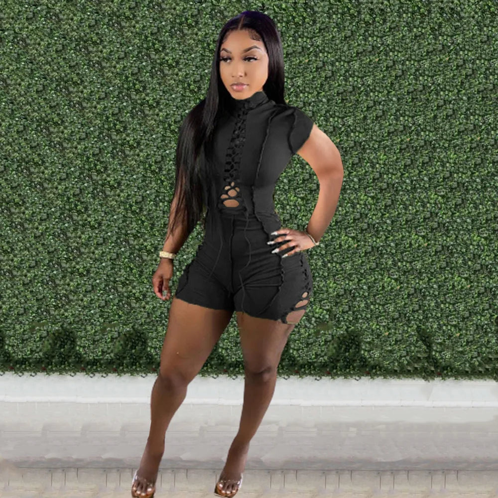 Echoine Bandage Lace-Up Playsuit - Short Sleeve, Bodycon, Hollow Out