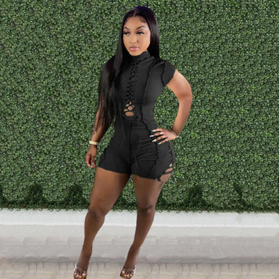 Echoine Bandage Lace-Up Playsuit - Short Sleeve, Bodycon, Hollow Out