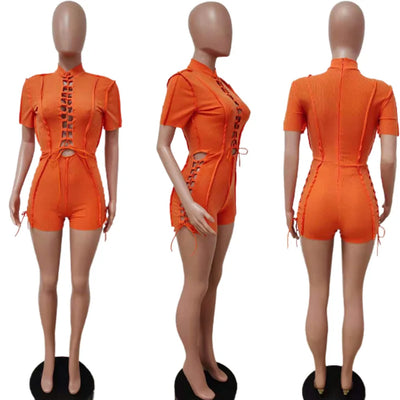 Echoine Bandage Lace-Up Playsuit - Short Sleeve, Bodycon, Hollow Out