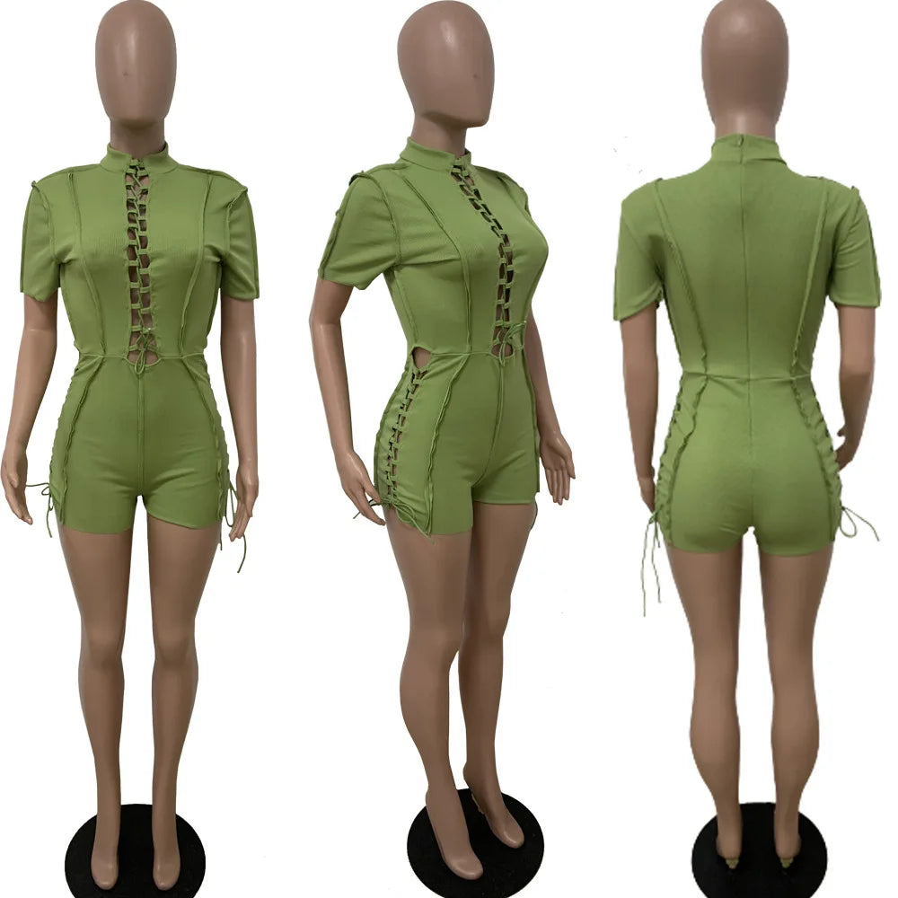 Echoine Bandage Lace-Up Playsuit - Short Sleeve, Bodycon, Hollow Out
