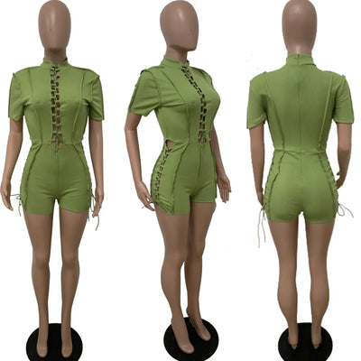 Echoine Bandage Lace-Up Playsuit - Short Sleeve, Bodycon, Hollow Out