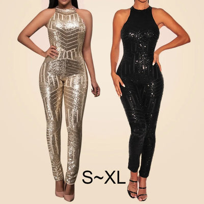 Off-Shoulder Sequin Jumpsuit - Sleeveless, Clubwear