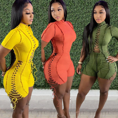 Echoine Bandage Lace-Up Playsuit - Short Sleeve, Bodycon, Hollow Out