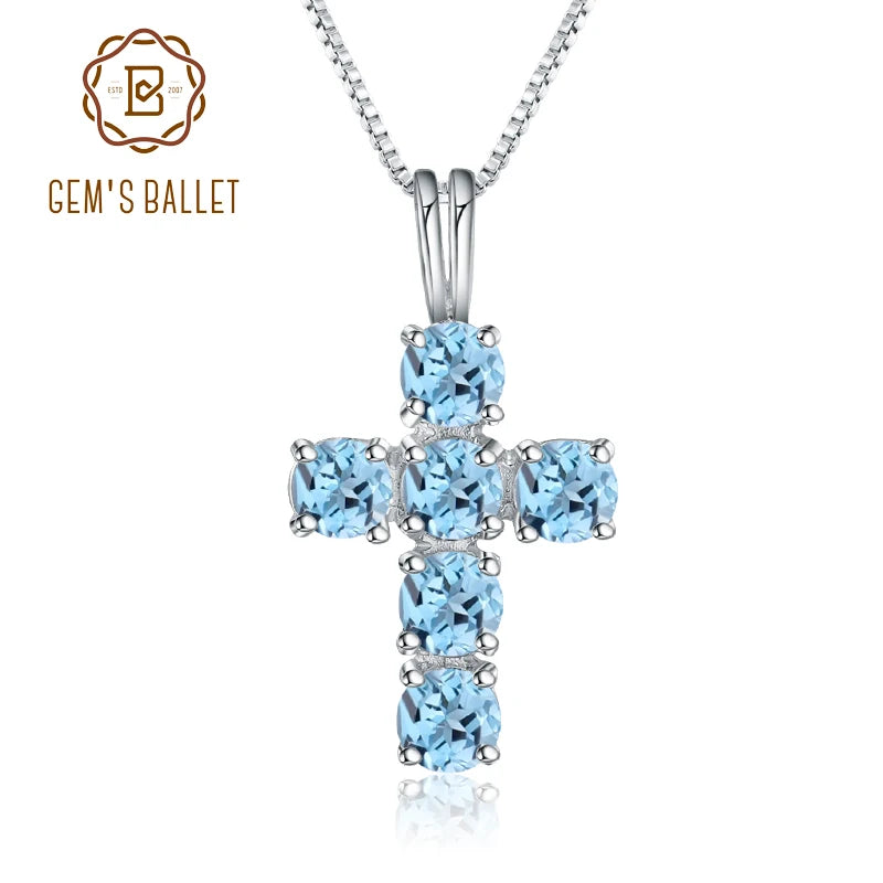 Swiss Blue Topaz Cross Pendant Necklace - 925 Sterling Silver