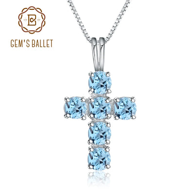Swiss Blue Topaz Cross Pendant Necklace - 925 Sterling Silver