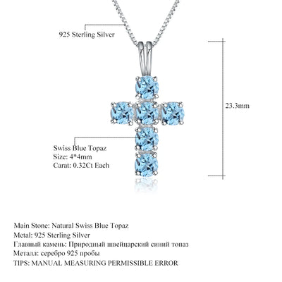 Swiss Blue Topaz Cross Pendant Necklace - 925 Sterling Silver