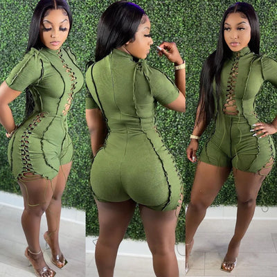 Echoine Bandage Lace-Up Playsuit - Short Sleeve, Bodycon, Hollow Out