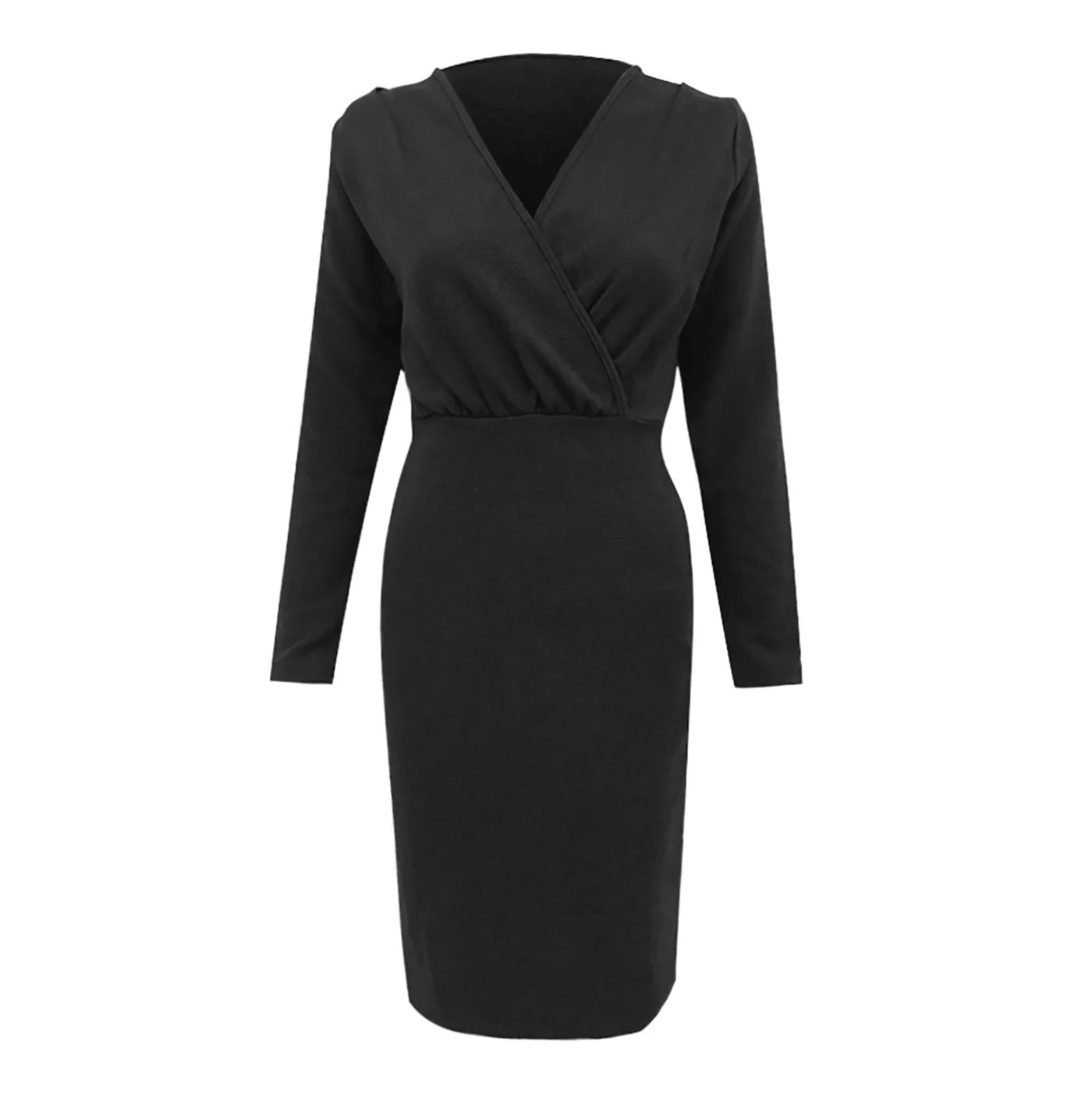 Deep V Neck Bodycon Dress - Pleated, Long Sleeve