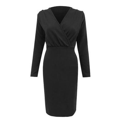 Deep V Neck Bodycon Dress - Pleated, Long Sleeve