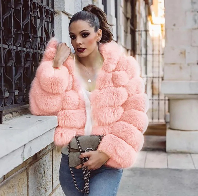 Plus Size Hooded Faux Fur Coat