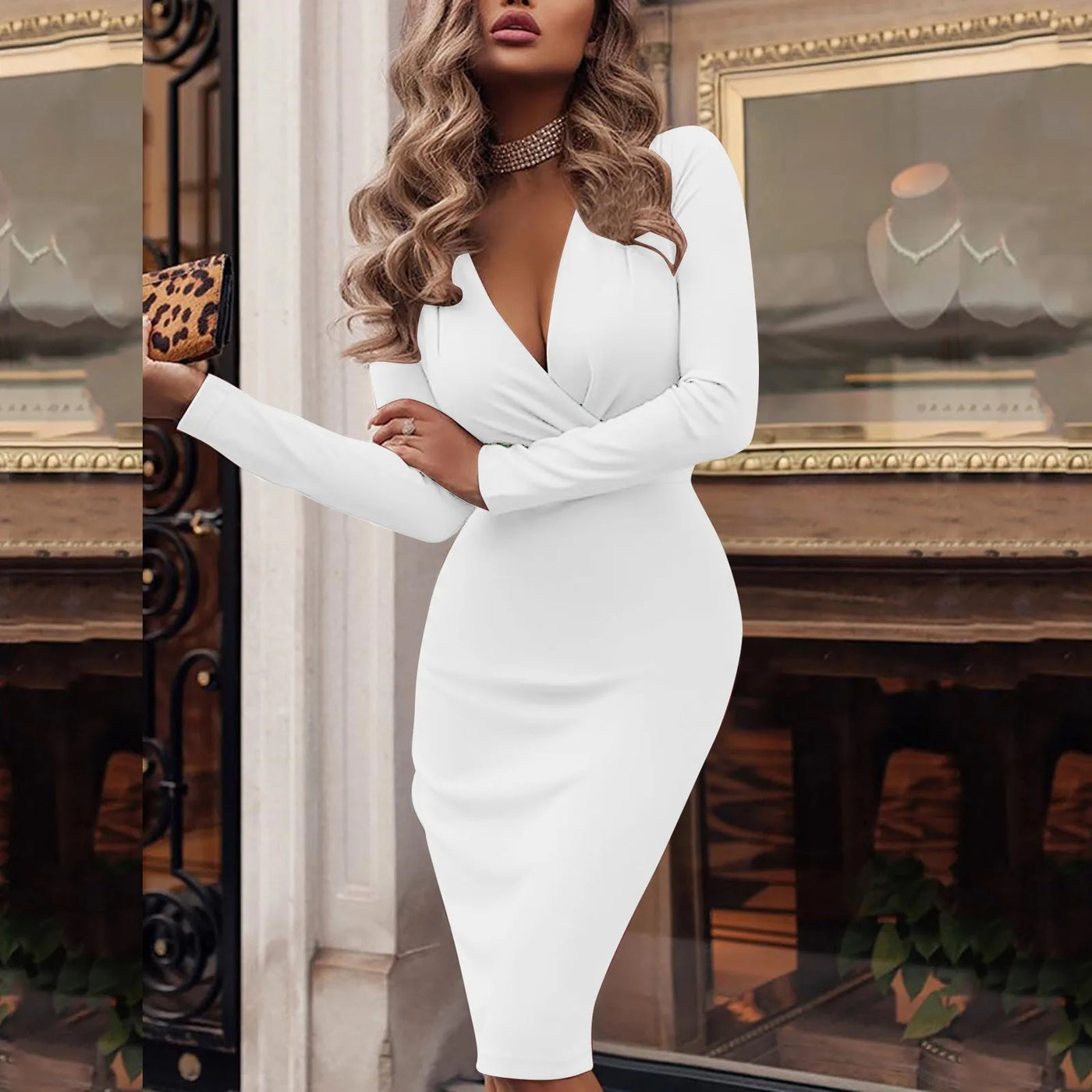 Deep V Neck Bodycon Dress - Pleated, Long Sleeve