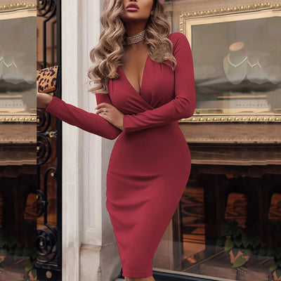 Deep V Neck Bodycon Dress - Pleated, Long Sleeve