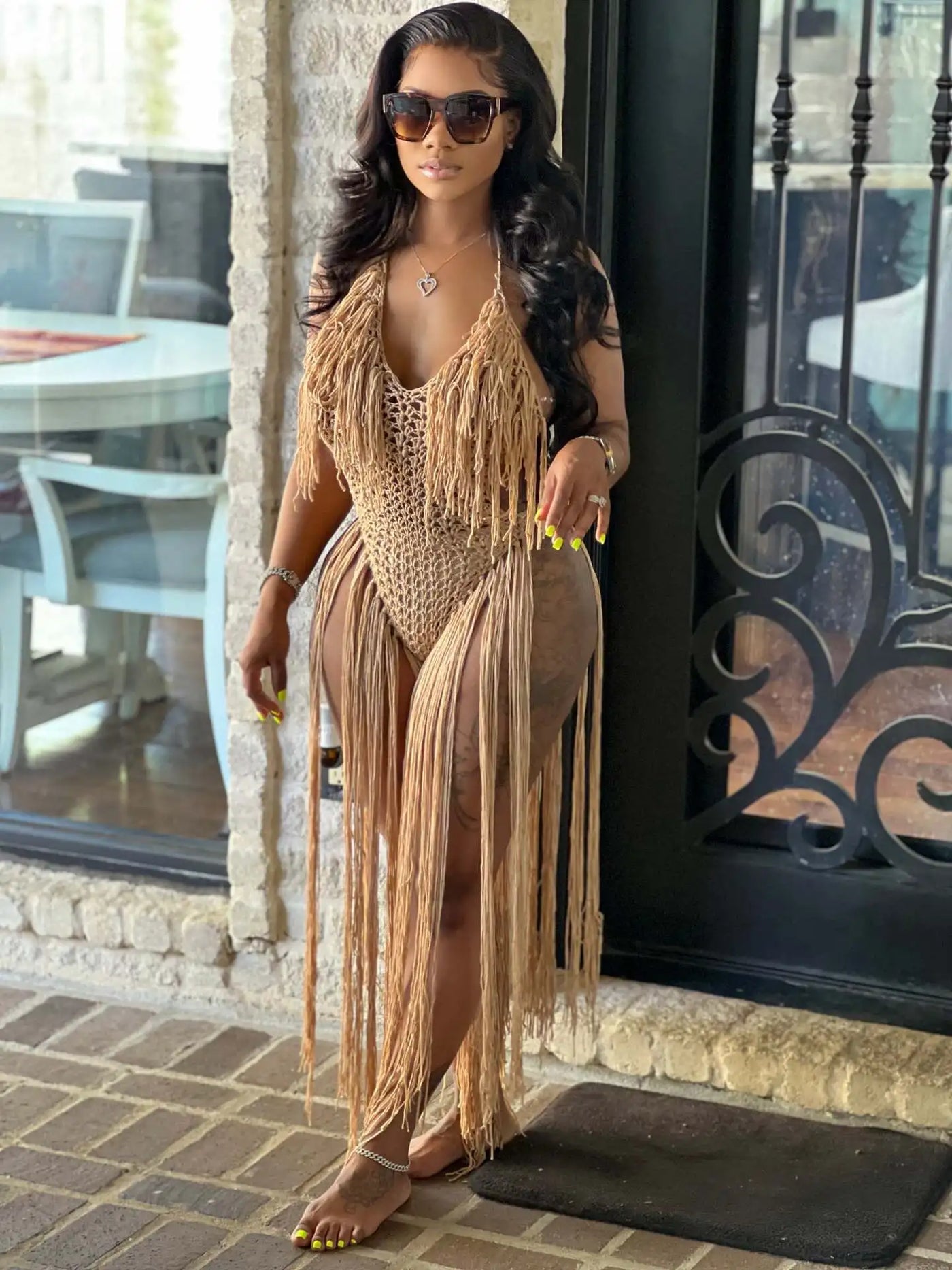 Knit Rib Tassel Romper - Fishnet Halter, Lace Up, See-Through