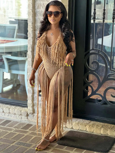 Knit Rib Tassel Romper - Fishnet Halter, Lace Up, See-Through