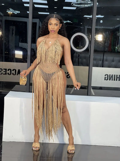 Knit Rib Tassel Romper - Fishnet Halter, Lace Up, See-Through