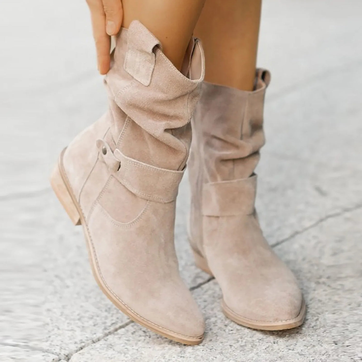 Suede Western Ankle Boots - High Heel, Side Zipper