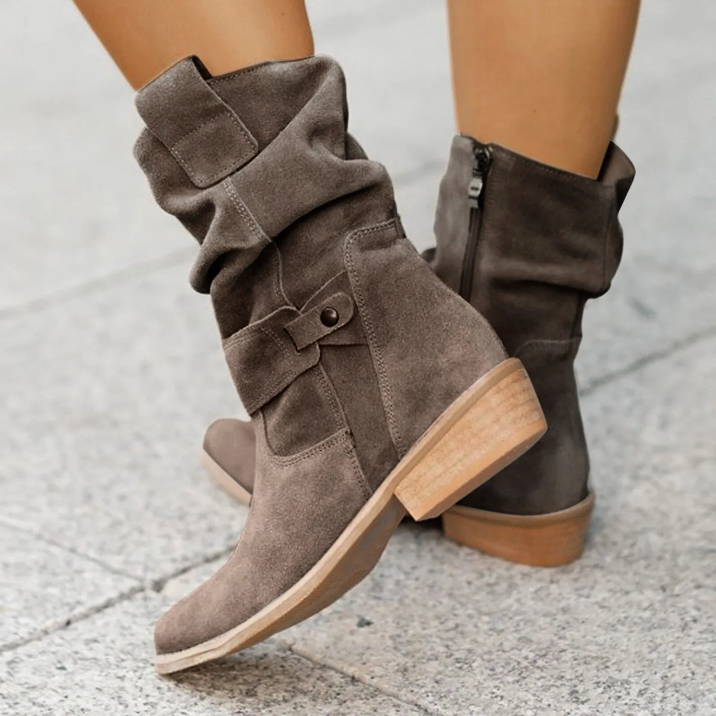 Suede Western Ankle Boots - High Heel, Side Zipper