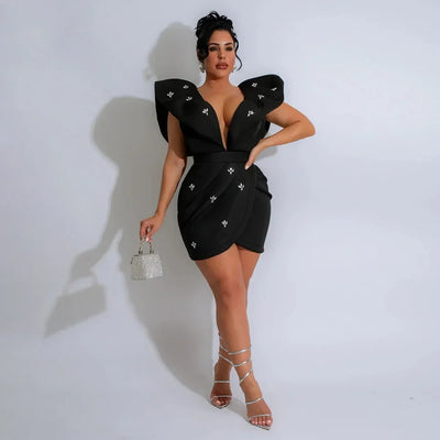 Diamond Ruched Bodycon Mini Dress - V-Neck, Sleeveless