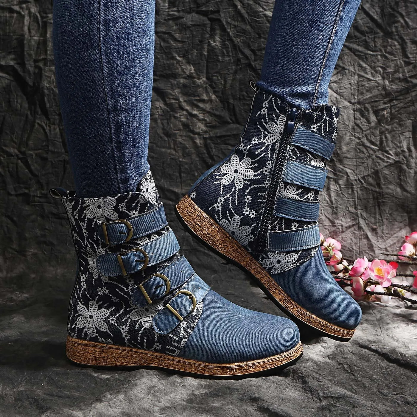 Flat Retro Round Toe Boots - Flower Embroidery, Zipper, French Style