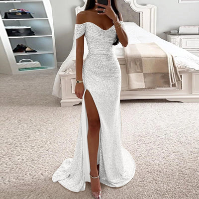 Sexy Sequin Evening Gown - V-Neck, Long, High Slit