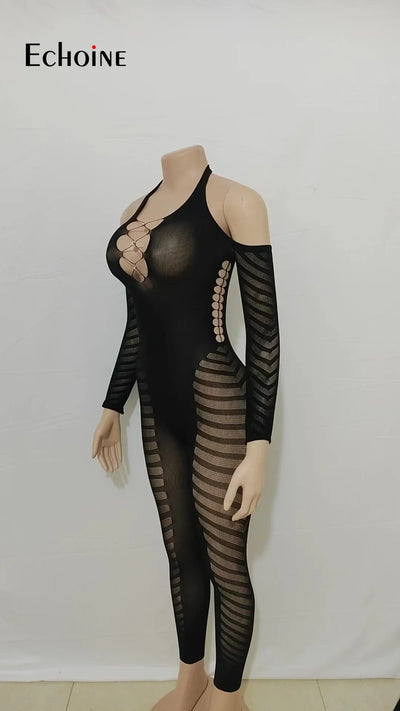 Echoine Halter Neck Jumpsuit - Hollow Backless, Long Sleeve, Bodycon