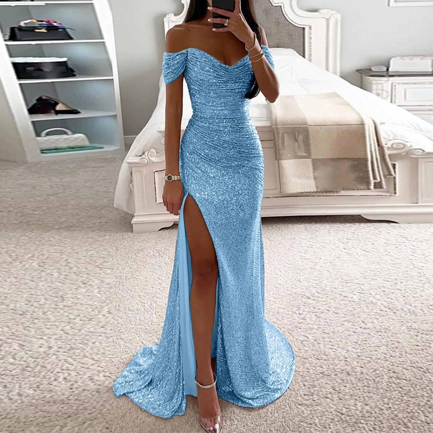 Sexy Sequin Evening Gown - V-Neck, Long, High Slit
