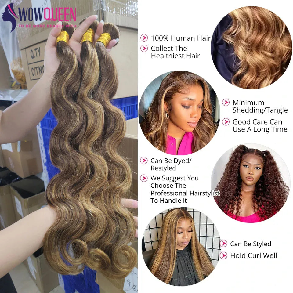 P4/27 Highlight Body Wave Bundles - Brazilian Remy Hair Extensions - Ombre Honey Brown