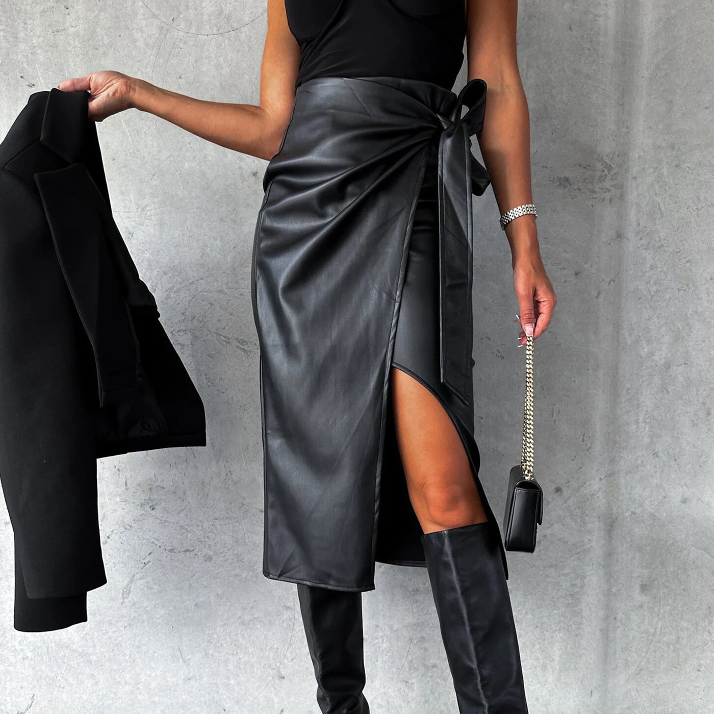 PU Leather Skirt - High Waist, Midi Length
