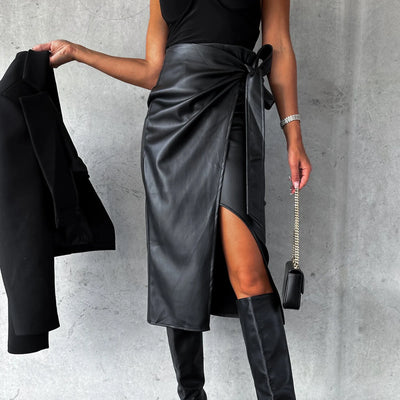 PU Leather Skirt - High Waist, Midi Length