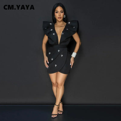 Diamond Ruched Bodycon Mini Dress - V-Neck, Sleeveless