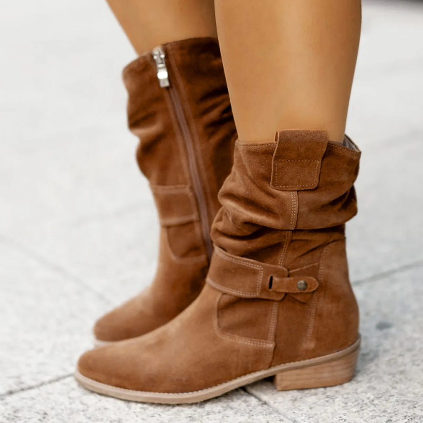 Suede Western Ankle Boots - High Heel, Side Zipper