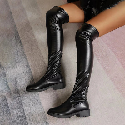 Chunky Heel Over-the-Knee Boots - Solid Color, Leather, Thigh High