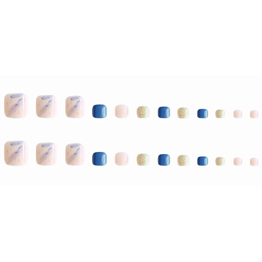 24 Pcs Short Square Press On Toenails - Blue/White Smudged, Gold Foil