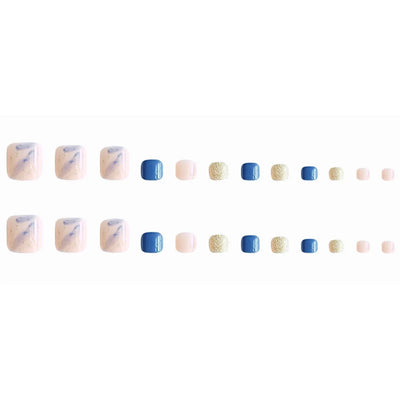 24 Pcs Short Square Press On Toenails - Blue/White Smudged, Gold Foil