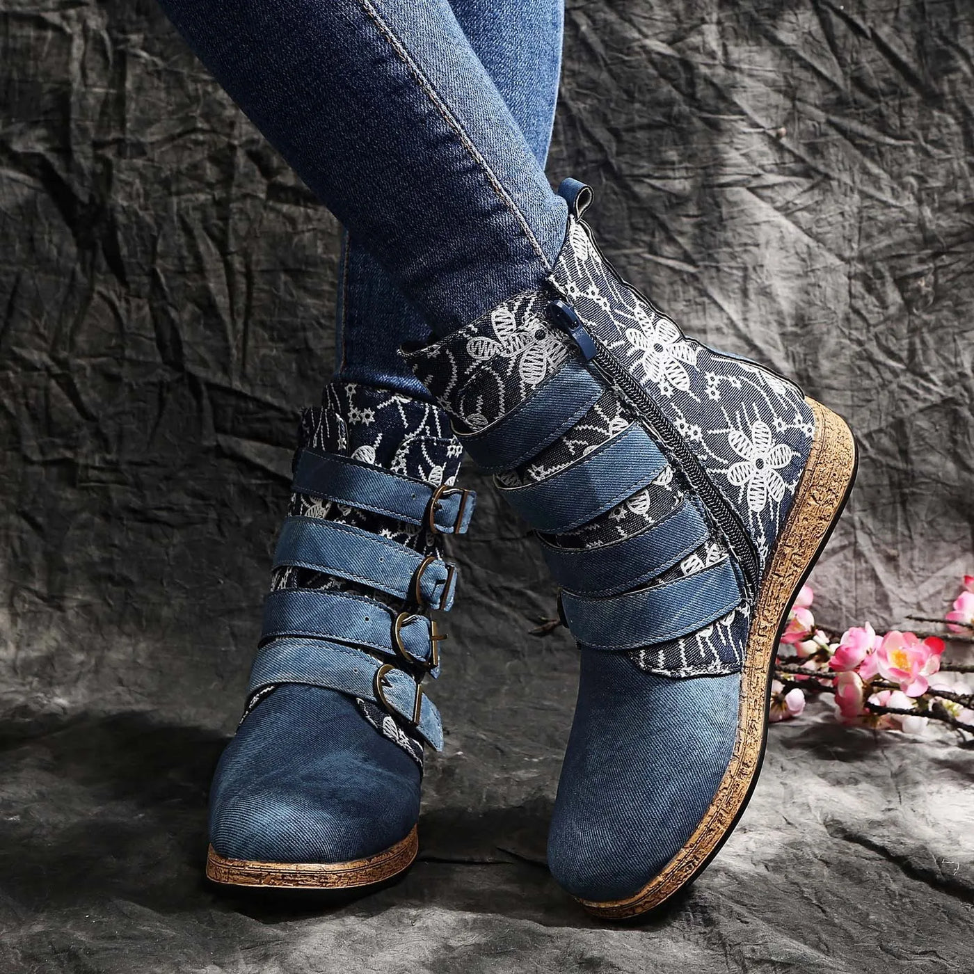 Flat Retro Round Toe Boots - Flower Embroidery, Zipper, French Style