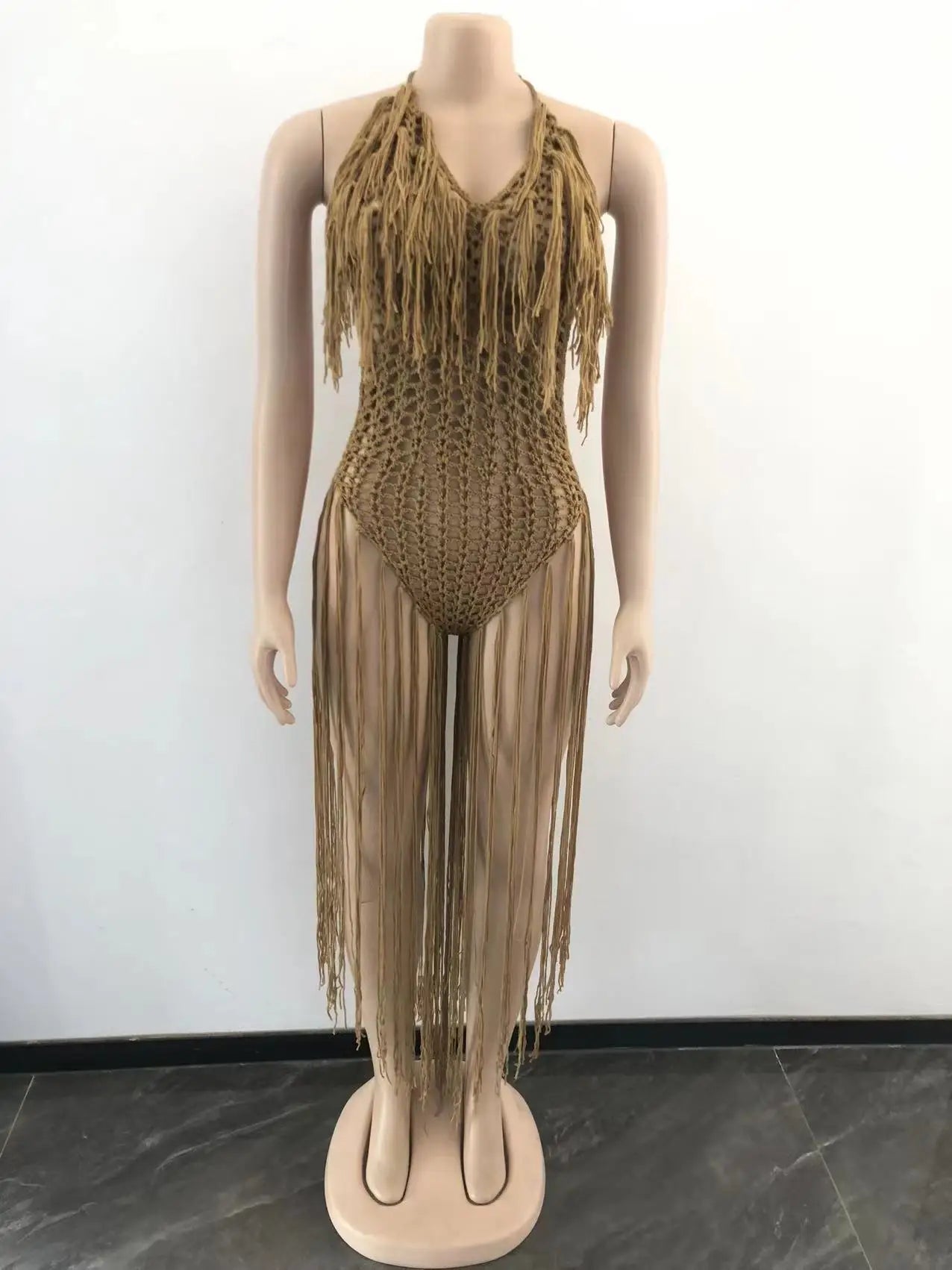 Knit Rib Tassel Romper - Fishnet Halter, Lace Up, See-Through