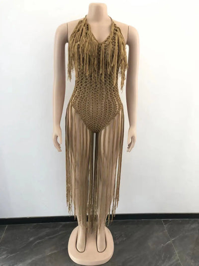 Knit Rib Tassel Romper - Fishnet Halter, Lace Up, See-Through