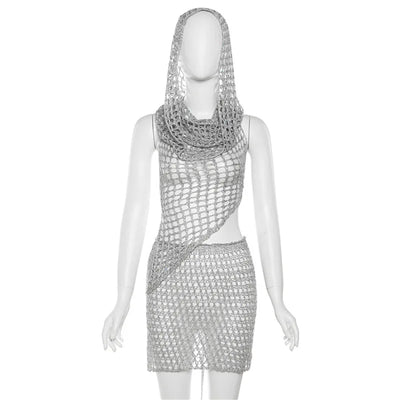 Crochet 2 Piece Set - Sequins, Hooded, Backless