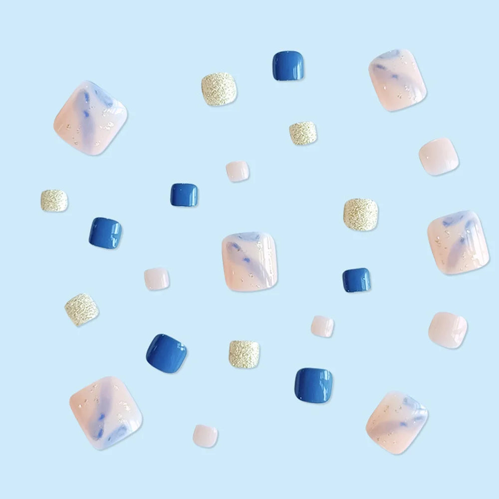 24 Pcs Short Square Press On Toenails - Blue/White Smudged, Gold Foil